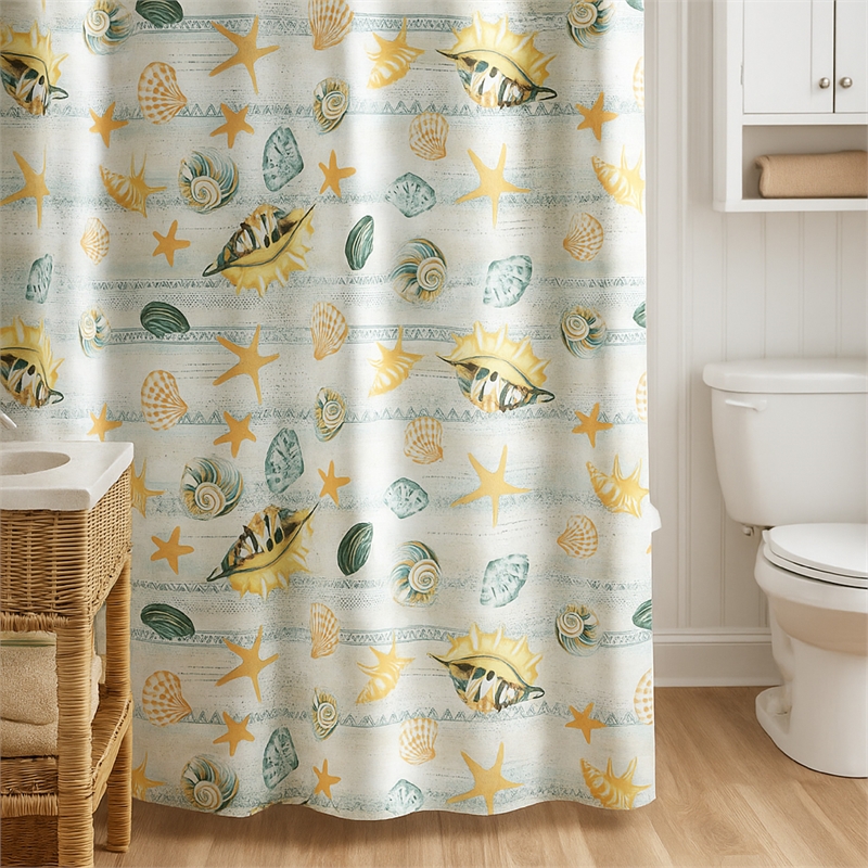 Benjara Carie Shower Curtain- 72 Inch- Fun Coastal Seashell Print Microfiber