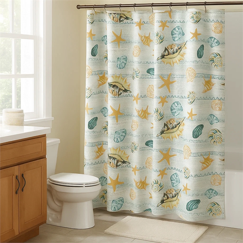 Benjara Carie Shower Curtain- 72 Inch- Fun Coastal Seashell Print Microfiber