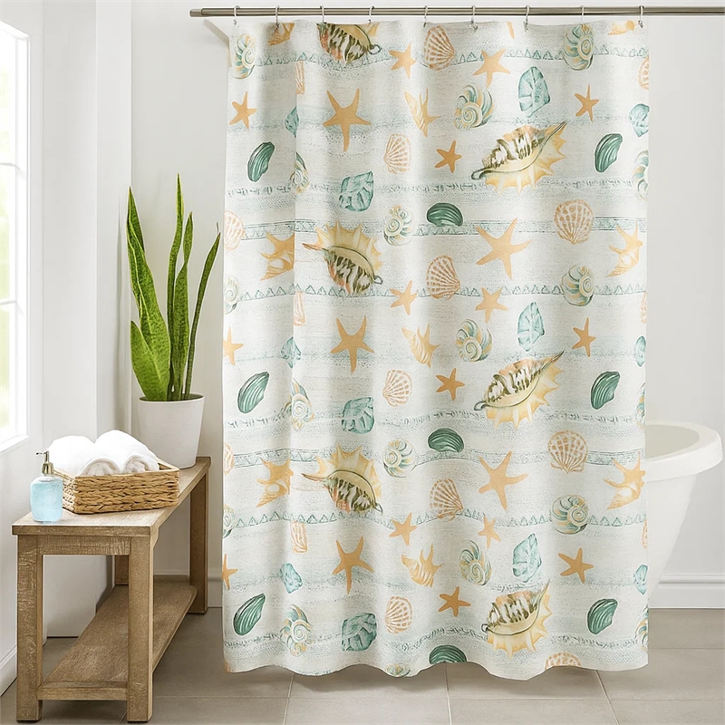 Benjara Carie Shower Curtain- 72 Inch- Fun Coastal Seashell Print Microfiber