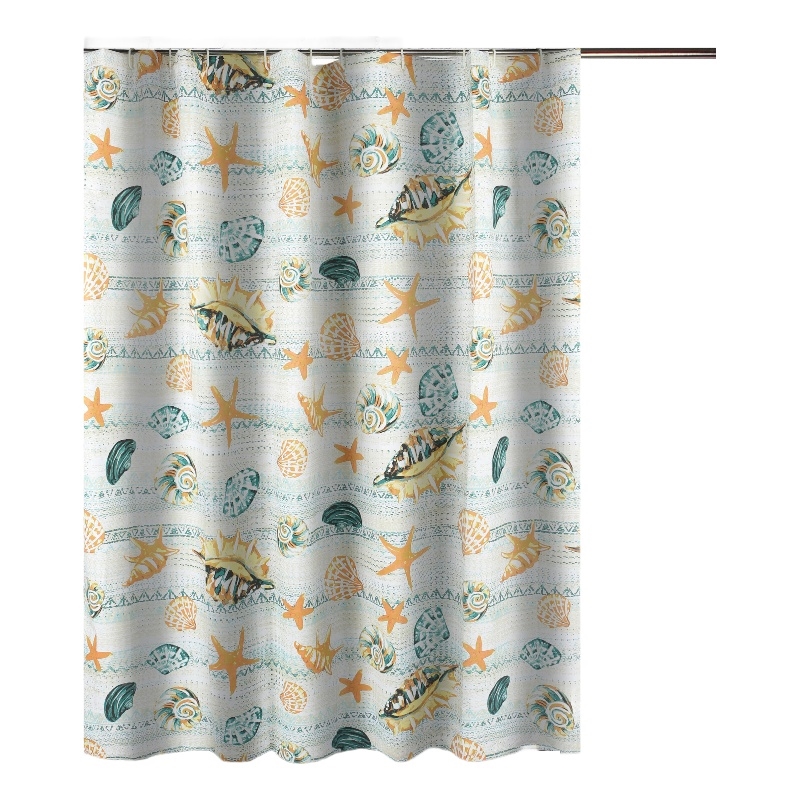 Benjara Carie Shower Curtain- 72 Inch- Fun Coastal Seashell Print Microfiber