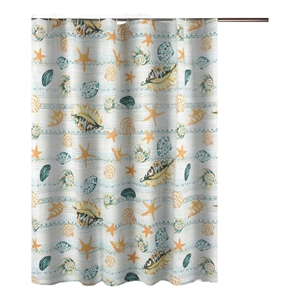 Benjara Carie Shower Curtain- 72 Inch- Fun Coastal Seashell Print Microfiber