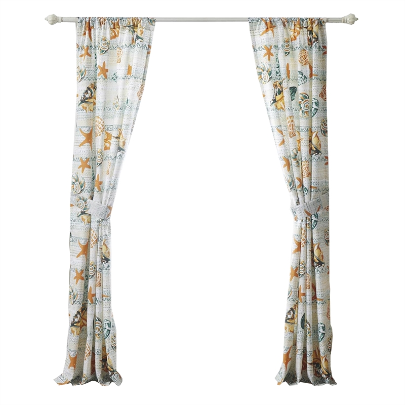 Benjara Carie 2 Panel Curtain Set- Light Coastal Seashell Print Microfiber