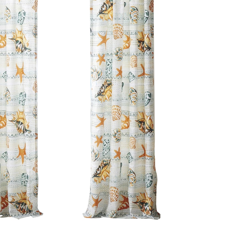Benjara Carie 2 Panel Curtain Set- Light Coastal Seashell Print Microfiber