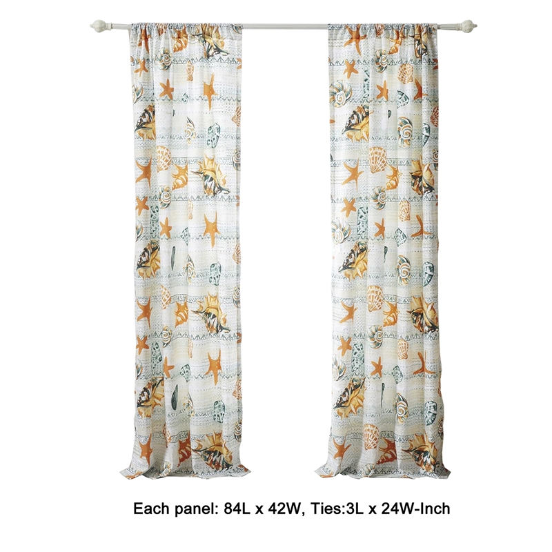 Benjara Carie 2 Panel Curtain Set- Light Coastal Seashell Print Microfiber