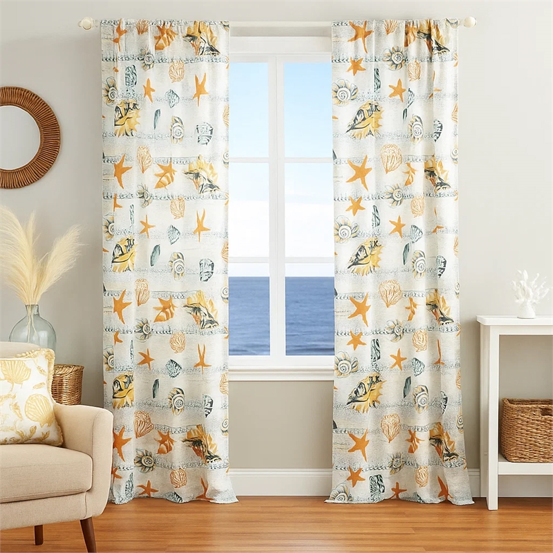 Benjara Carie 2 Panel Curtain Set- Light Coastal Seashell Print Microfiber