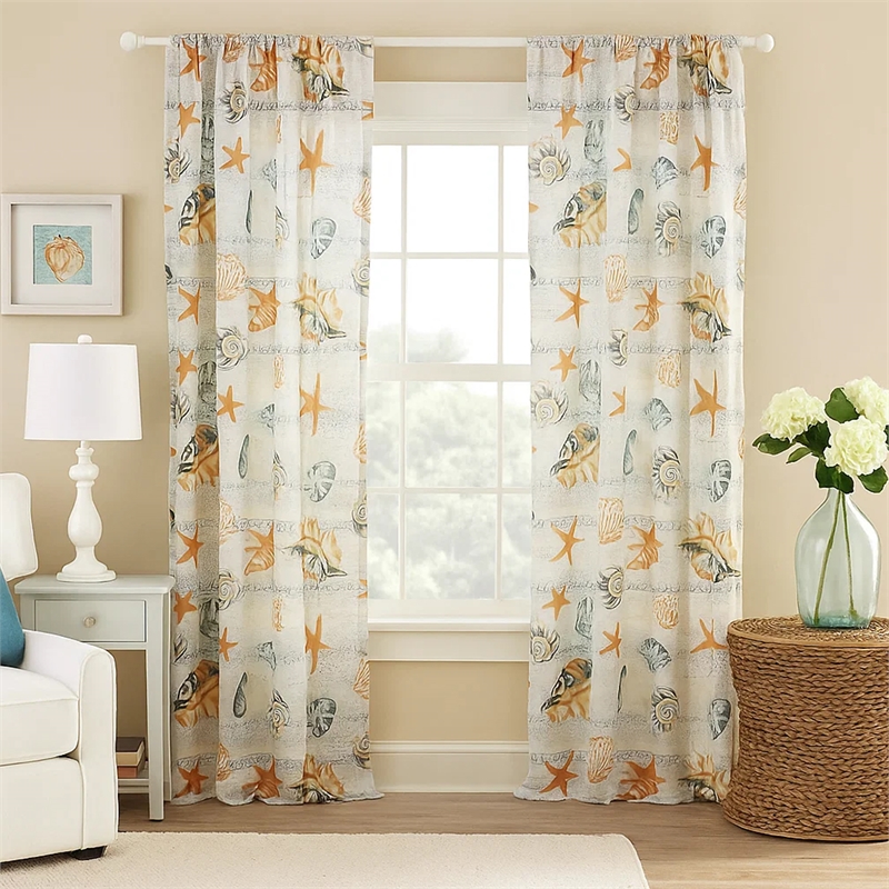 Benjara Carie 2 Panel Curtain Set- Light Coastal Seashell Print Microfiber