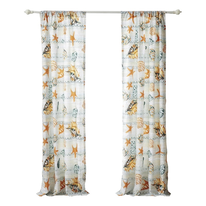 Benjara Carie 2 Panel Curtain Set- Light Coastal Seashell Print Microfiber