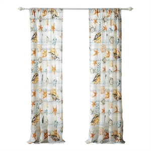 Benjara Carie 2 Panel Curtain Set- Light Coastal Seashell Print Microfiber