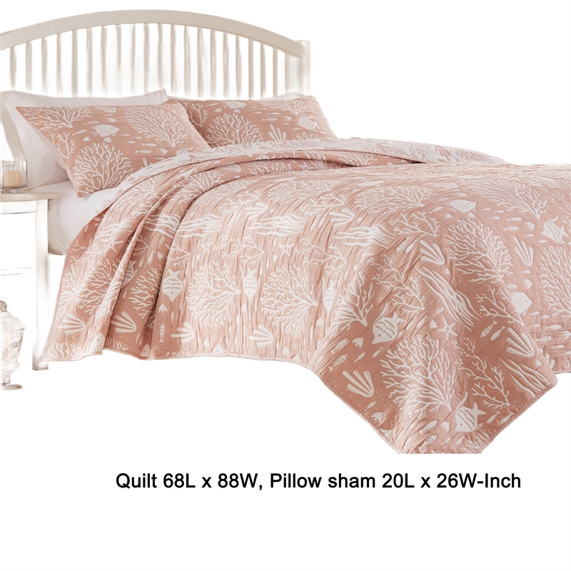 Benjara Amy 2 Piece Twin Size Quilt Set- Coastal Theme Pink White Polyester