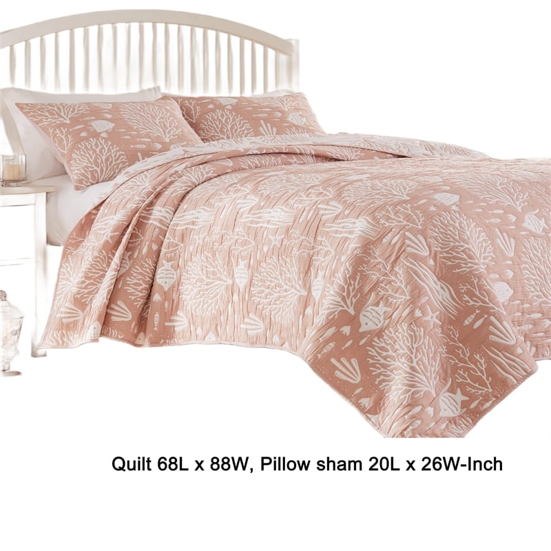 Benjara Amy 2 Piece Twin Size Quilt Set- Coastal Theme Pink White Polyester