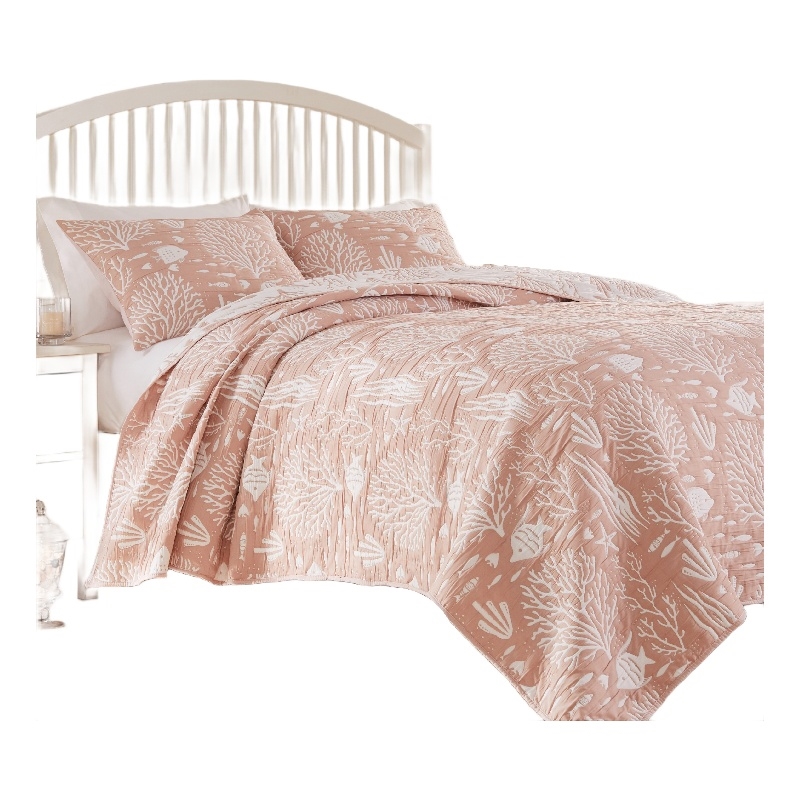 Benjara Amy 2 Piece Twin Size Quilt Set- Coastal Theme Pink White Polyester