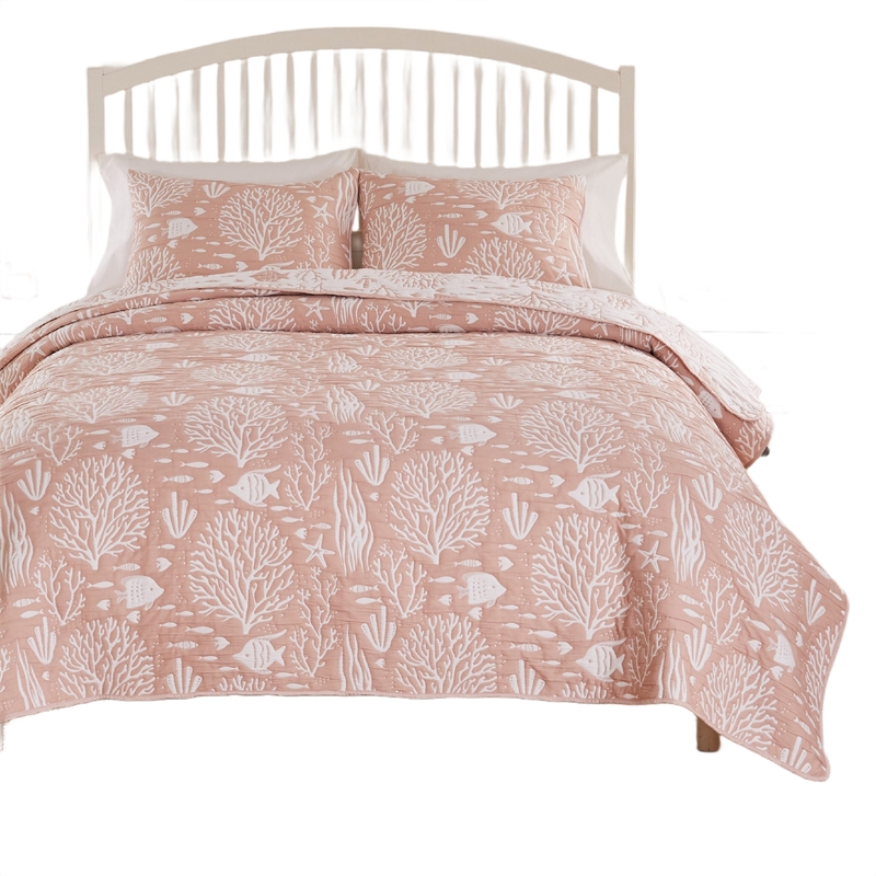 Benjara Amy 2 Piece Twin Size Quilt Set- Coastal Theme Pink White Polyester
