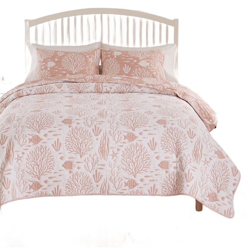 Benjara Amy 2 Piece Twin Size Quilt Set- Coastal Theme Pink White Polyester