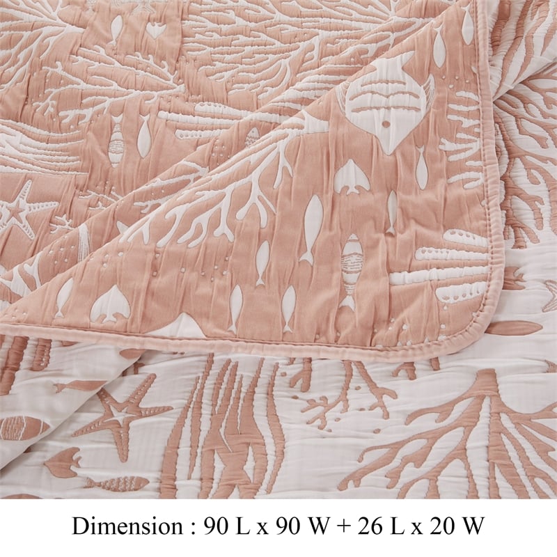Benjara Amy 3 Piece Queen Quilt Set- Coastal Theme- Soft Pink White Polyester