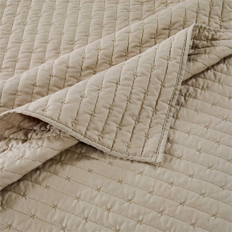 Benjara Xumi 2 Piece Twin Size Quilt Set- Beige Channel- Polyester and Cotton