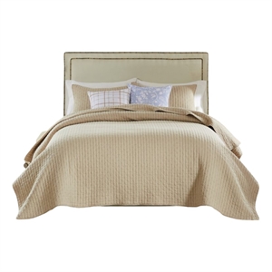 Benjara Xumi 2 Piece Twin Size Quilt Set- Beige Channel- Polyester and Cotton