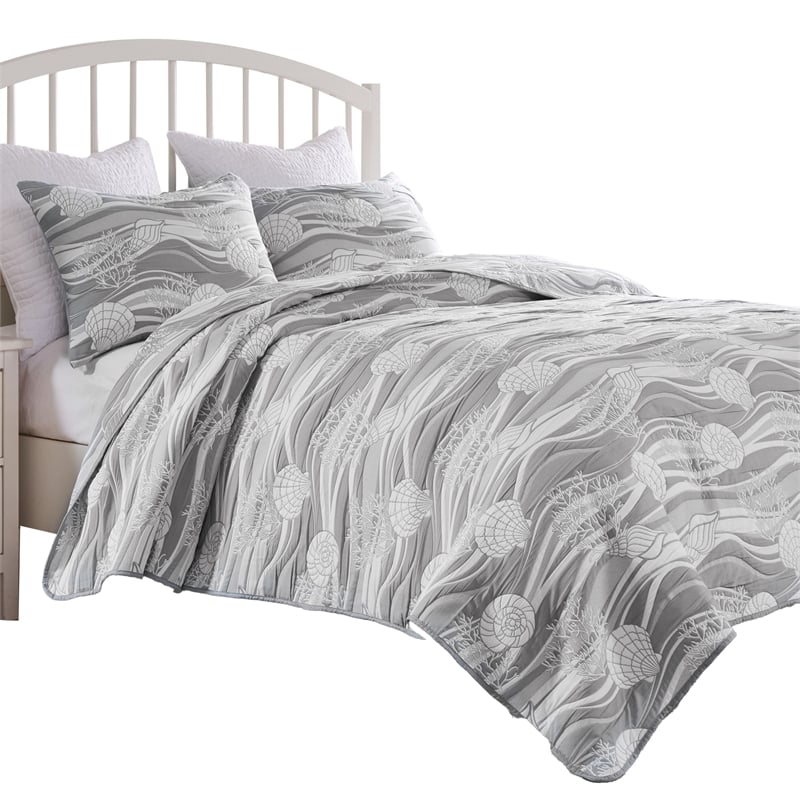 Benjara Doz 2pc Twin Size Coverlet Set- Coastal Matelasse- Harbor Gray- White