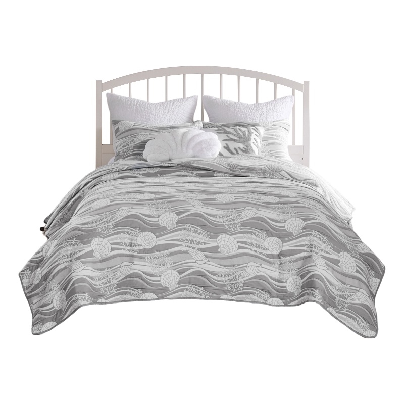 Benjara Doz 2pc Twin Size Coverlet Set- Coastal Matelasse- Harbor Gray- White