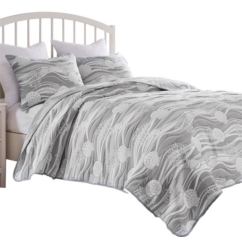 Benjara Doz 3pc Queen Size Coverlet Set- Coastal Matelasse- Harbor Gray- White