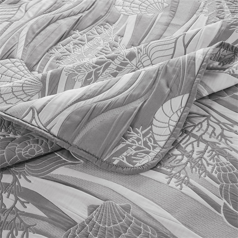 Benjara Doz 3pc Queen Size Coverlet Set- Coastal Matelasse- Harbor Gray- White