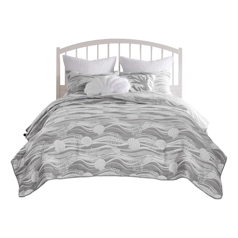 Benjara Doz 3pc Queen Size Coverlet Set- Coastal Matelasse- Harbor Gray- White