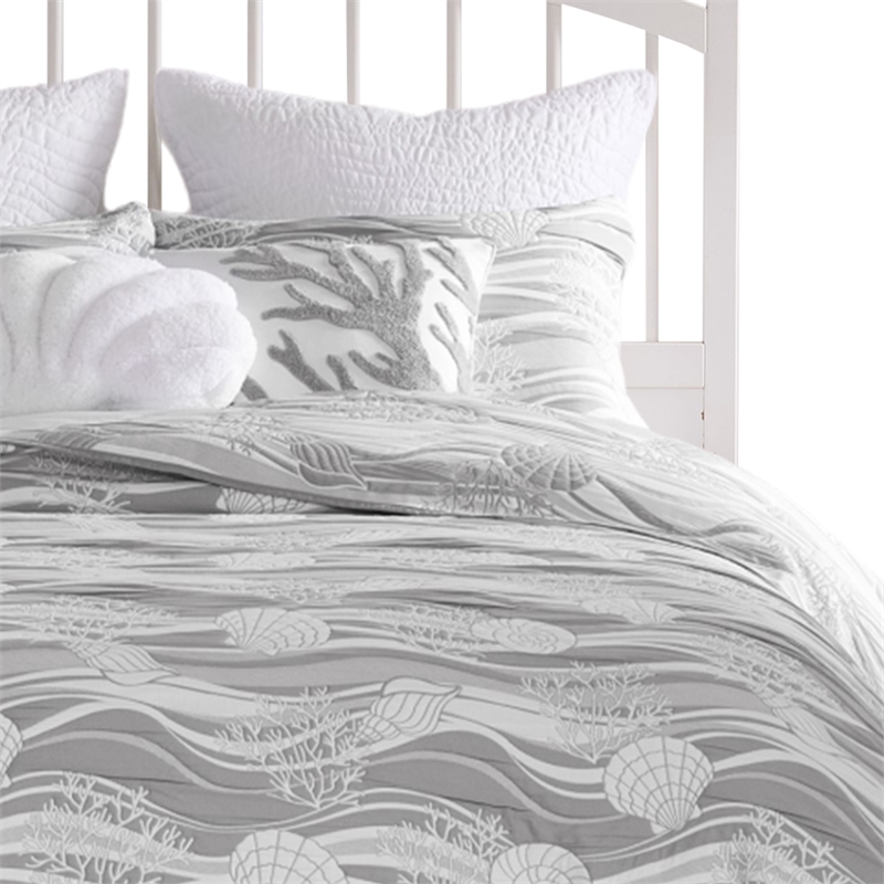 Benjara Doz 3pc Queen Size Coverlet Set- Coastal Matelasse- Harbor Gray- White