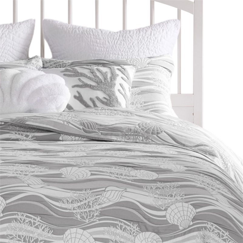 Benjara Doz 3pc King Size Coverlet Set- Coastal Matelasse- Harbor Gray- White