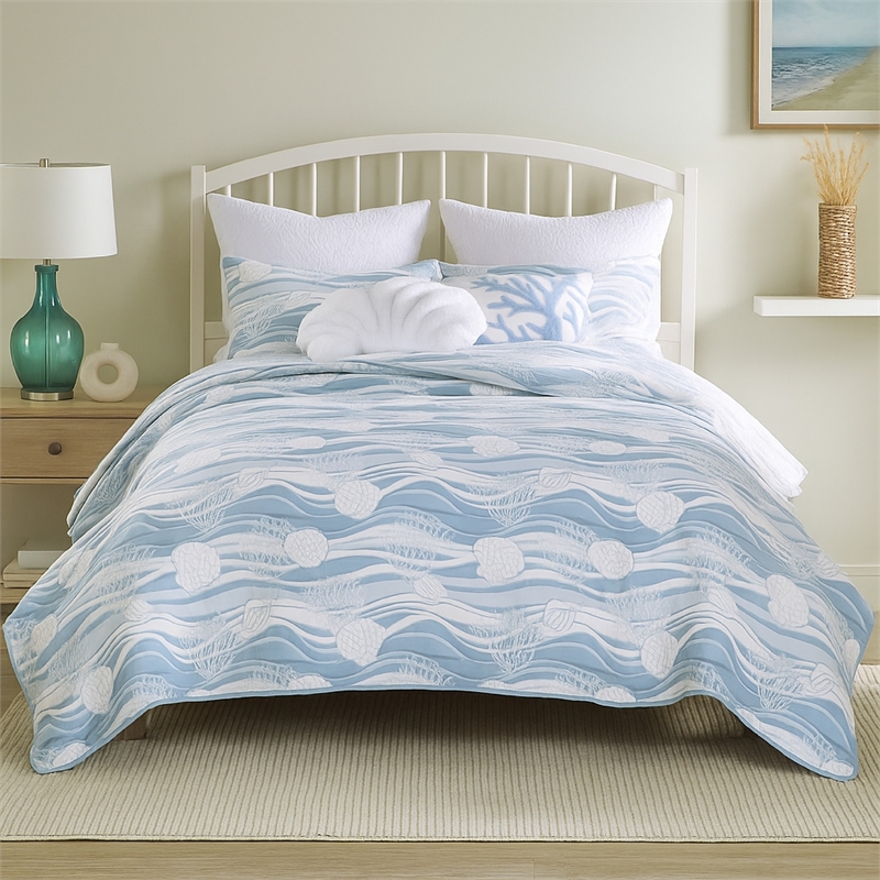 Benjara Doz 2pc Twin Size Coverlet Set- Coastal Matelasse- Tidal Blue- White