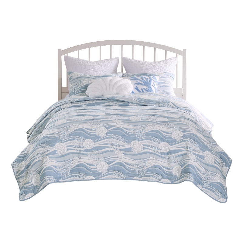 Benjara Doz 2pc Twin Size Coverlet Set- Coastal Matelasse- Tidal Blue- White