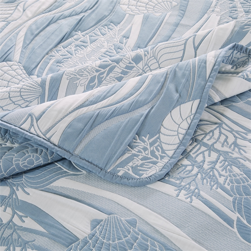Benjara Doz 3pc Queen Size Coverlet Set- Coastal Matelasse- Tidal Blue- White