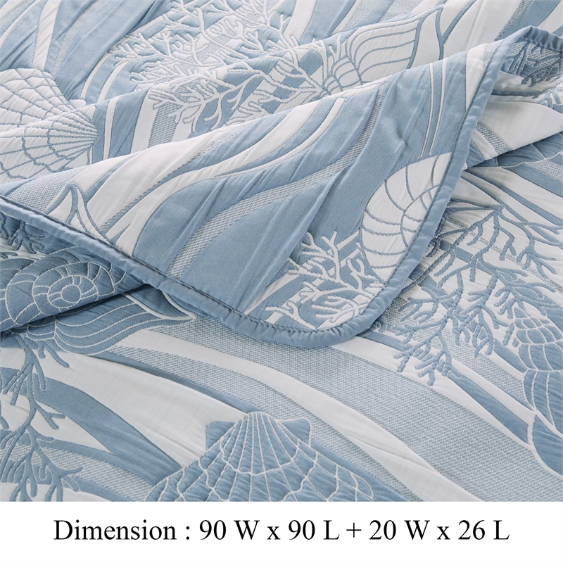 Benjara Doz 3pc Queen Size Coverlet Set- Coastal Matelasse- Tidal Blue- White