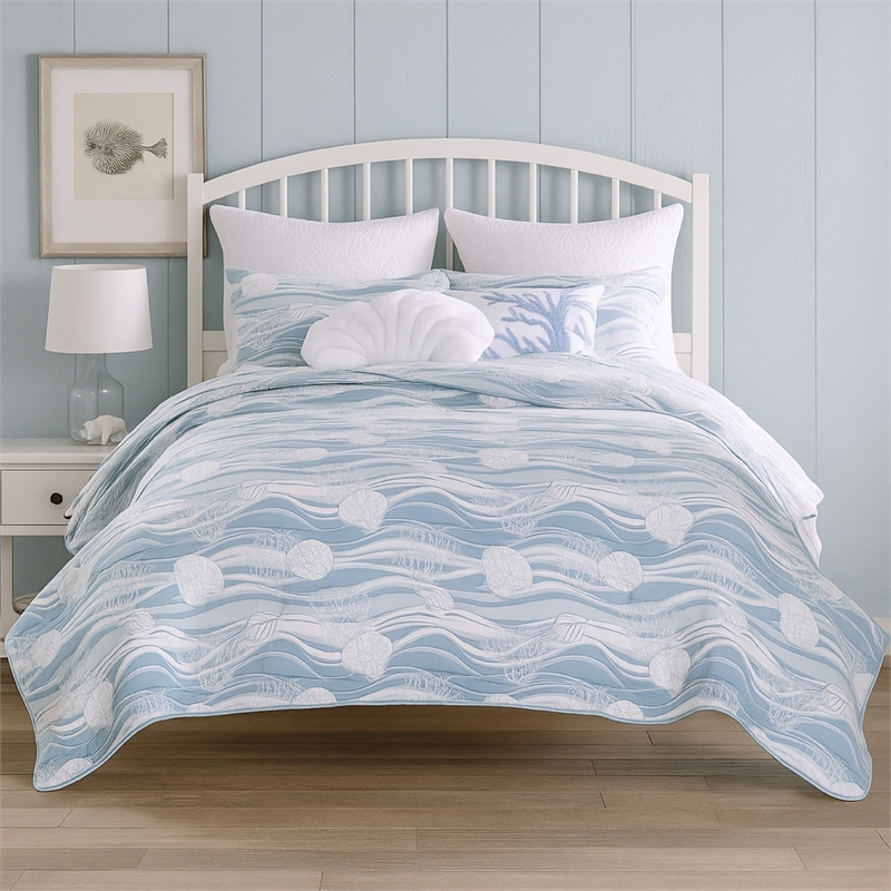 Benjara Doz 3pc Queen Size Coverlet Set- Coastal Matelasse- Tidal Blue- White