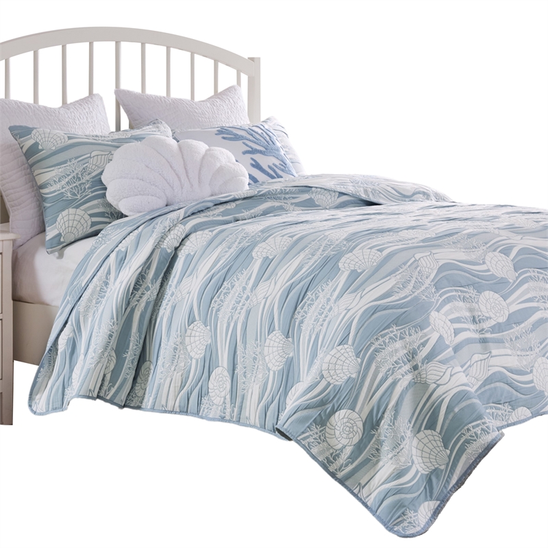 Benjara Doz 3pc Queen Size Coverlet Set- Coastal Matelasse- Tidal Blue- White