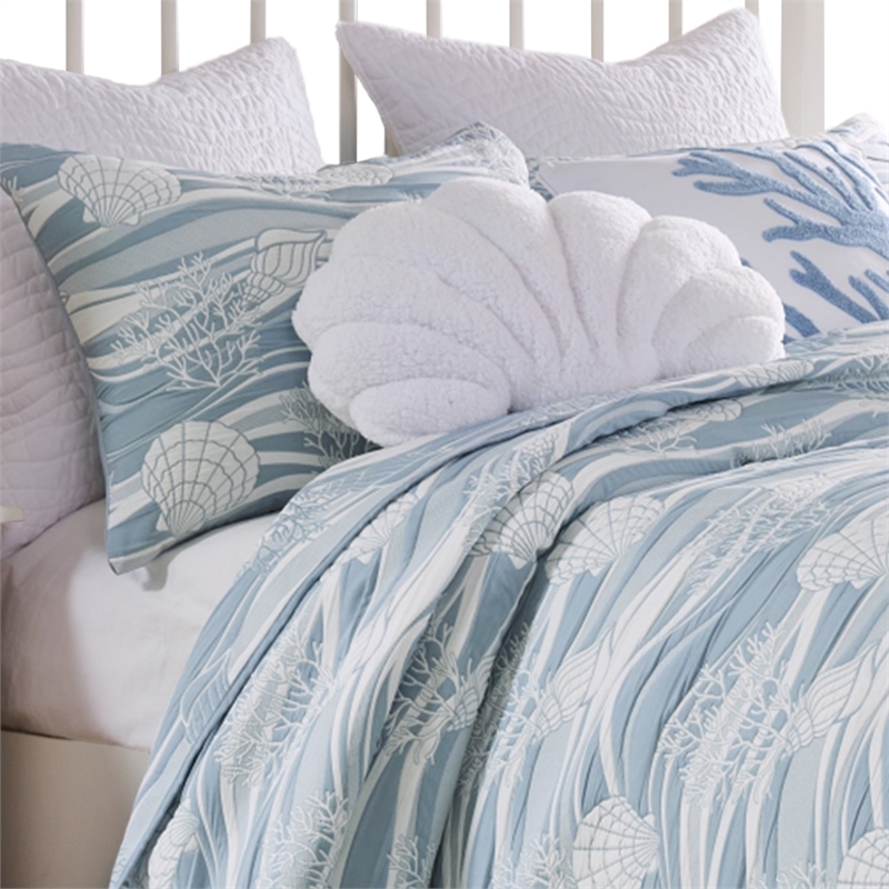 Benjara Doz 3pc Queen Size Coverlet Set- Coastal Matelasse- Tidal Blue- White