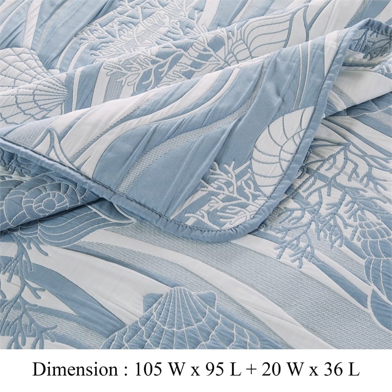 Benjara Doz 3pc King Size Coverlet Set- Coastal Matelasse- Tidal Blue- White