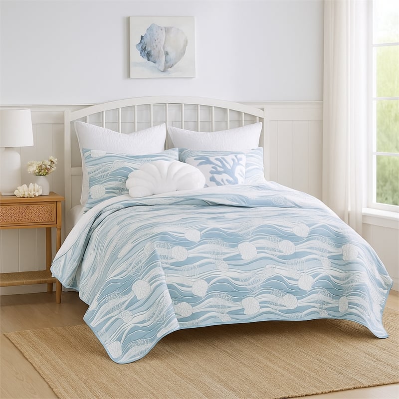 Benjara Doz 3pc King Size Coverlet Set- Coastal Matelasse- Tidal Blue- White