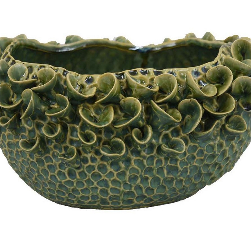 Benjara Nina Decorative Bowl- Textured Green Ceramic- Abstract Floral 13 Inch