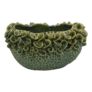 Benjara Nina Decorative Bowl- Textured Green Ceramic- Abstract Floral 13 Inch