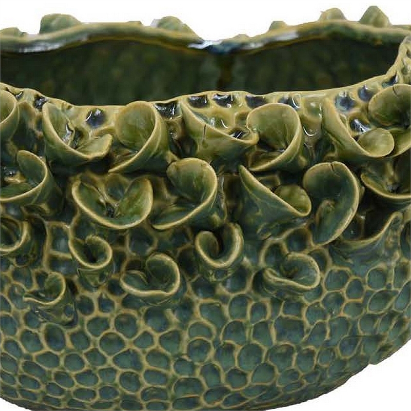 Benjara Nina Decorative Bowl- Textured Green Ceramic- Abstract Floral 13 Inch