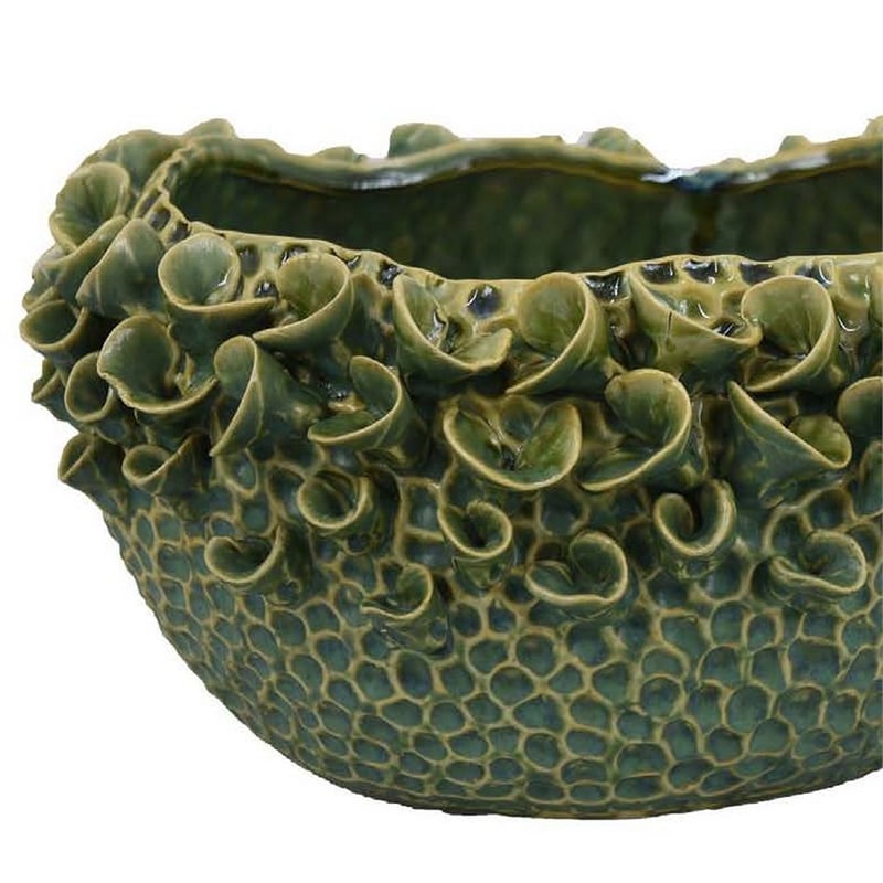 Benjara Nina Decorative Bowl- Textured Green Ceramic- Abstract Floral 13 Inch