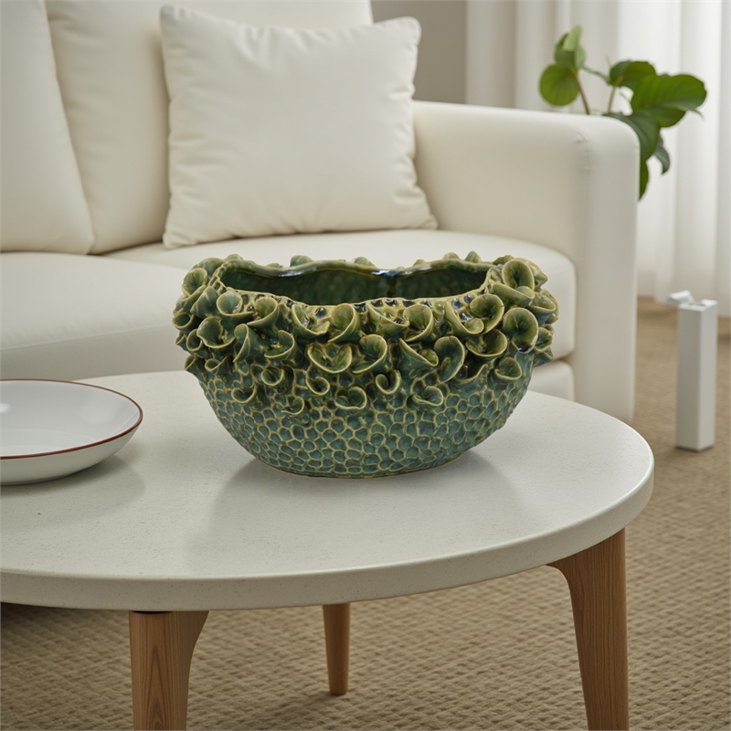 Benjara Nina Decorative Bowl- Textured Green Ceramic- Abstract Floral 13 Inch