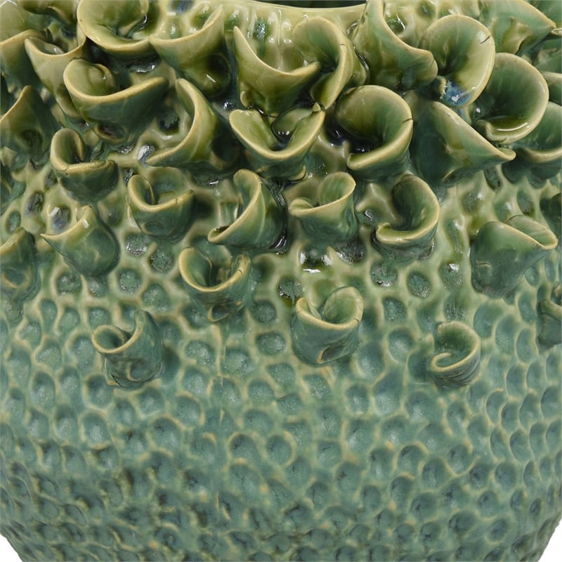 Benjara Nina Vase- Green Ceramic- Textured Accents- Abstract Floral 11 Inch