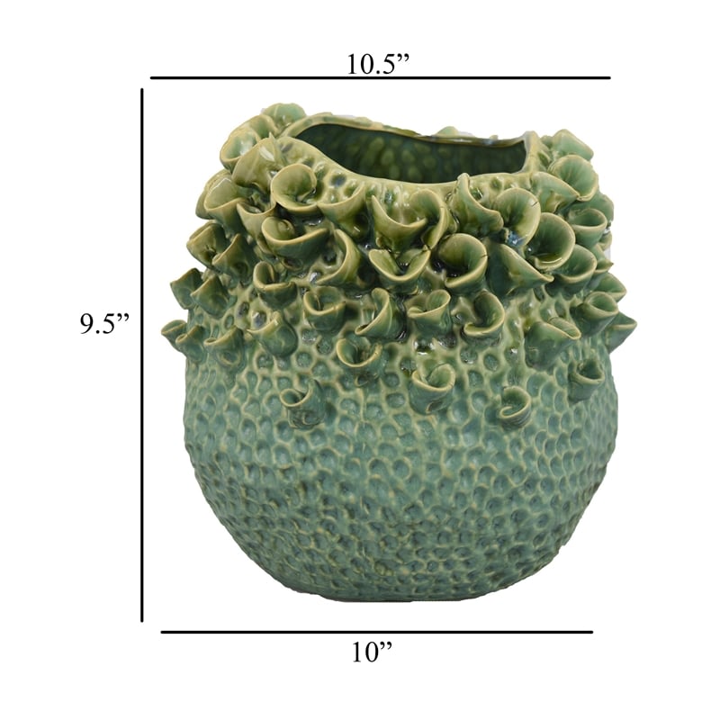 Benjara Nina Vase- Green Ceramic- Textured Accents- Abstract Floral 11 Inch