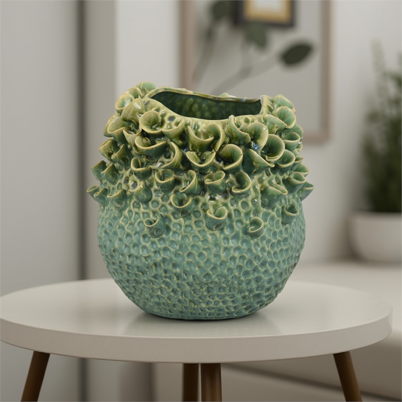 Benjara Nina Vase- Green Ceramic- Textured Accents- Abstract Floral 11 Inch