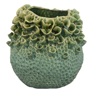 Benjara Nina Vase- Green Ceramic- Textured Accents- Abstract Floral 11 Inch