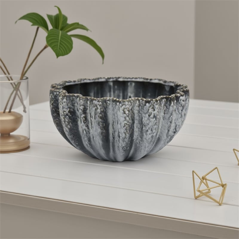 Benjara Kiara Decorative Bowl- Aqua Gray Ceramic Textured Design- 15 Inch