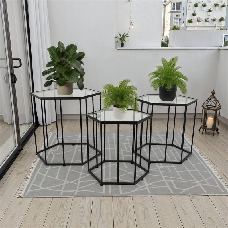 Benjara Kellie Plant Stand Table Set of 3- Black Metal- Hexagon Glass Tops