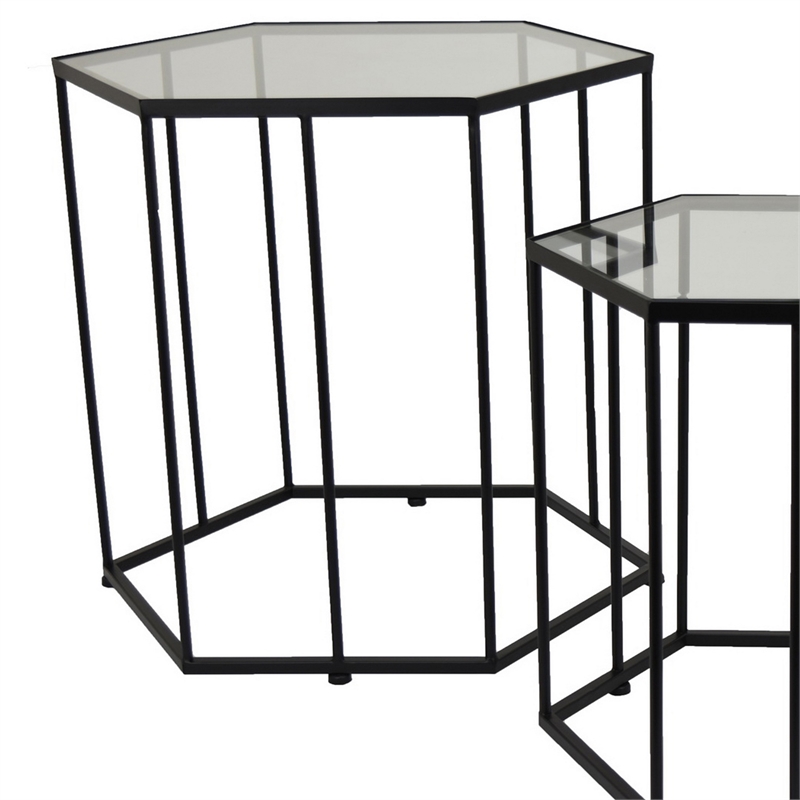 Benjara Kellie Plant Stand Table Set of 3- Black Metal- Hexagon Glass Tops