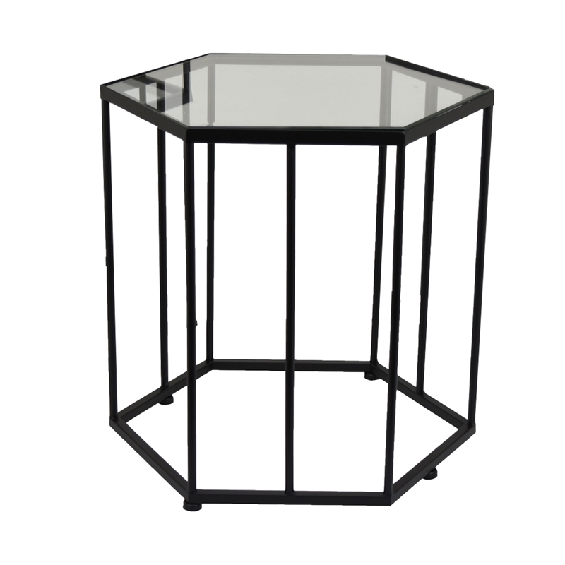 Benjara Kellie Plant Stand Table Set of 3- Black Metal- Hexagon Glass Tops