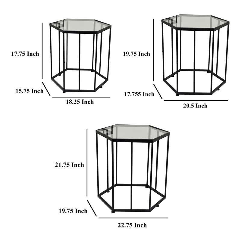 Benjara Kellie Plant Stand Table Set of 3- Black Metal- Hexagon Glass Tops